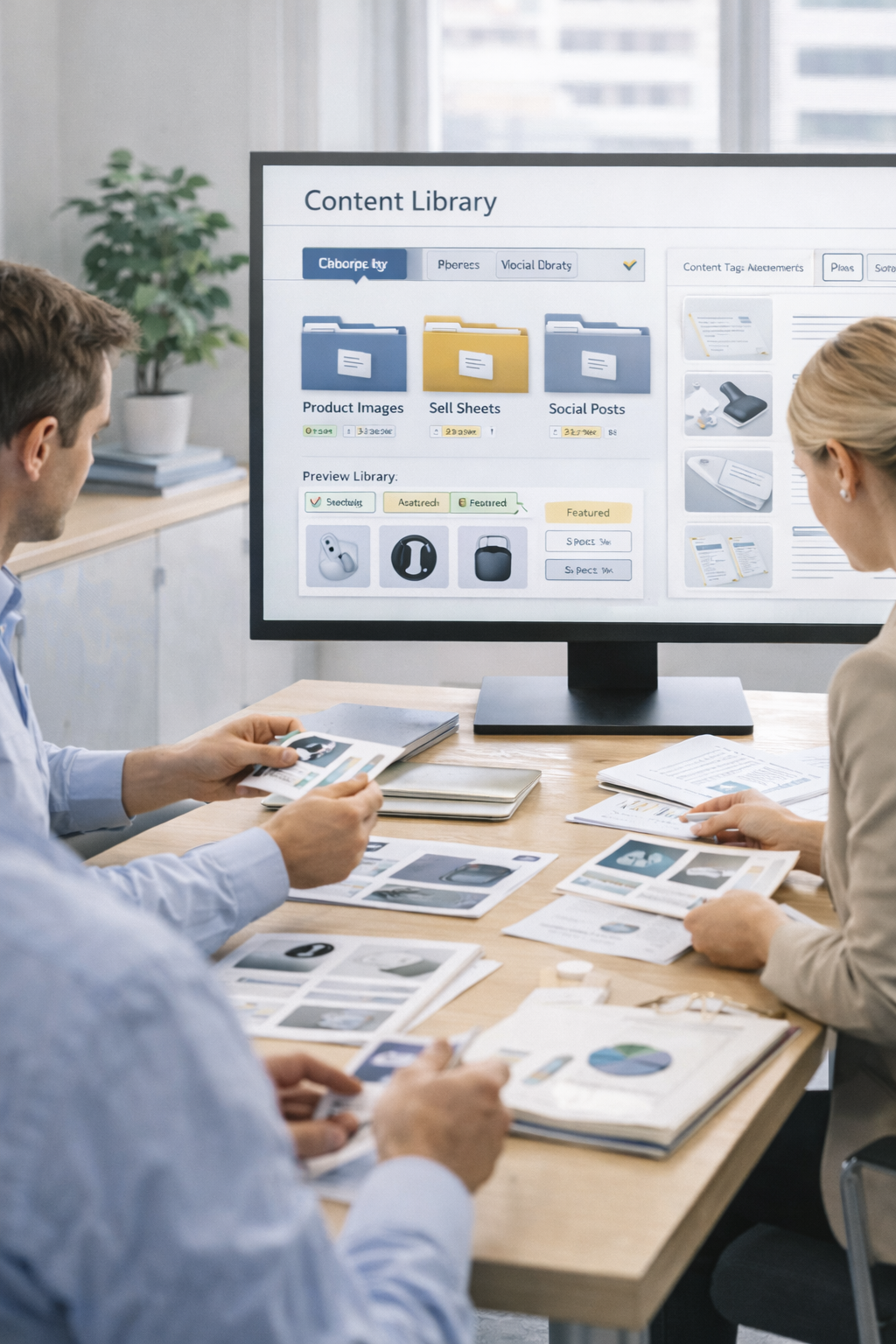 Zespół porządkuje bibliotekę treści wizualnych i materiałów produktowych, korzystając z systemu klasyfikacji i organizacji zasobów.