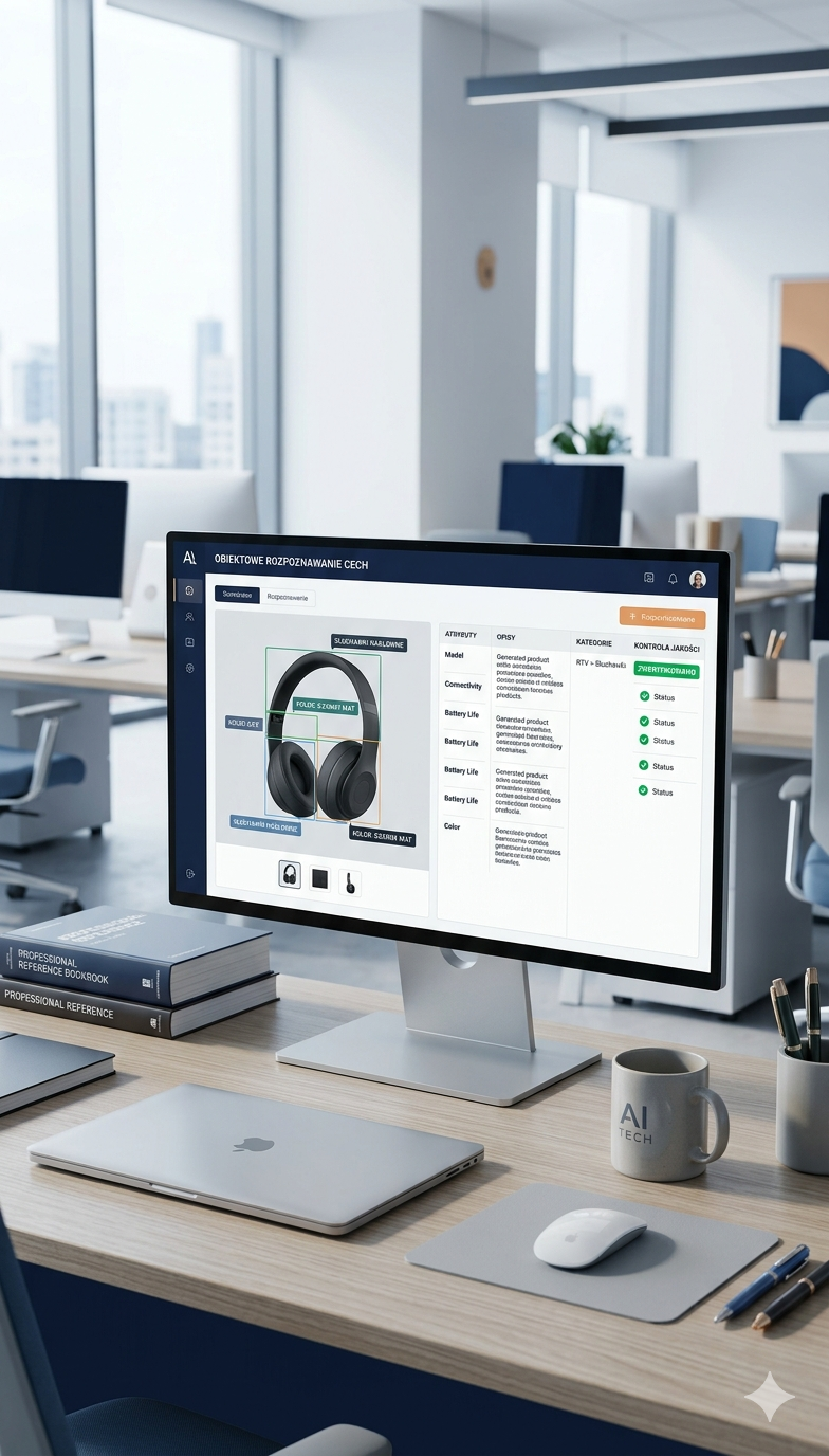 System rozpoznawania obiektów i cech analizuje zdjęcie produktu oraz porządkuje atrybuty, opisy i kontrolę jakości danych.