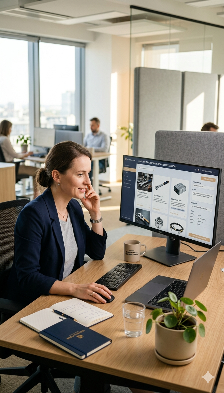 Specjalistka pracuje na uporządkowanych danych produktowych i materiałach wizualnych przygotowanych do wykorzystania w sprzedaży oraz komunikacji firmy.