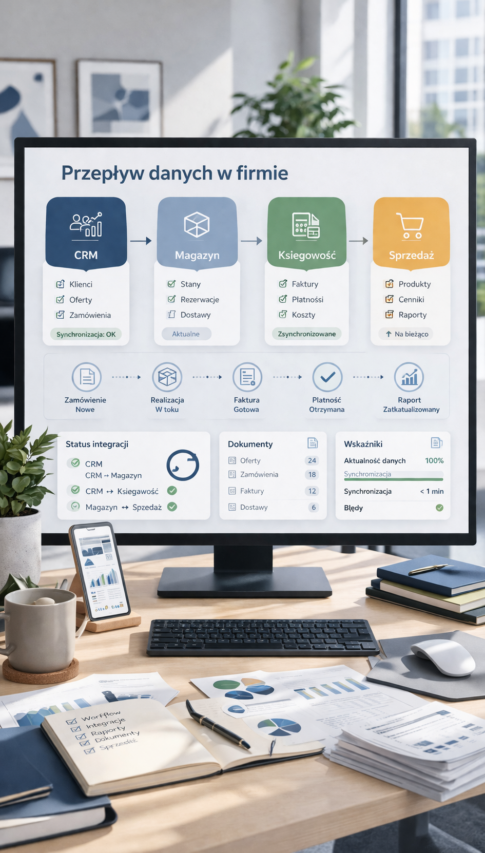 Monitor pokazuje przepływ danych w firmie między CRM, magazynem, księgowością i sprzedażą oraz status integracji i synchronizacji procesów.