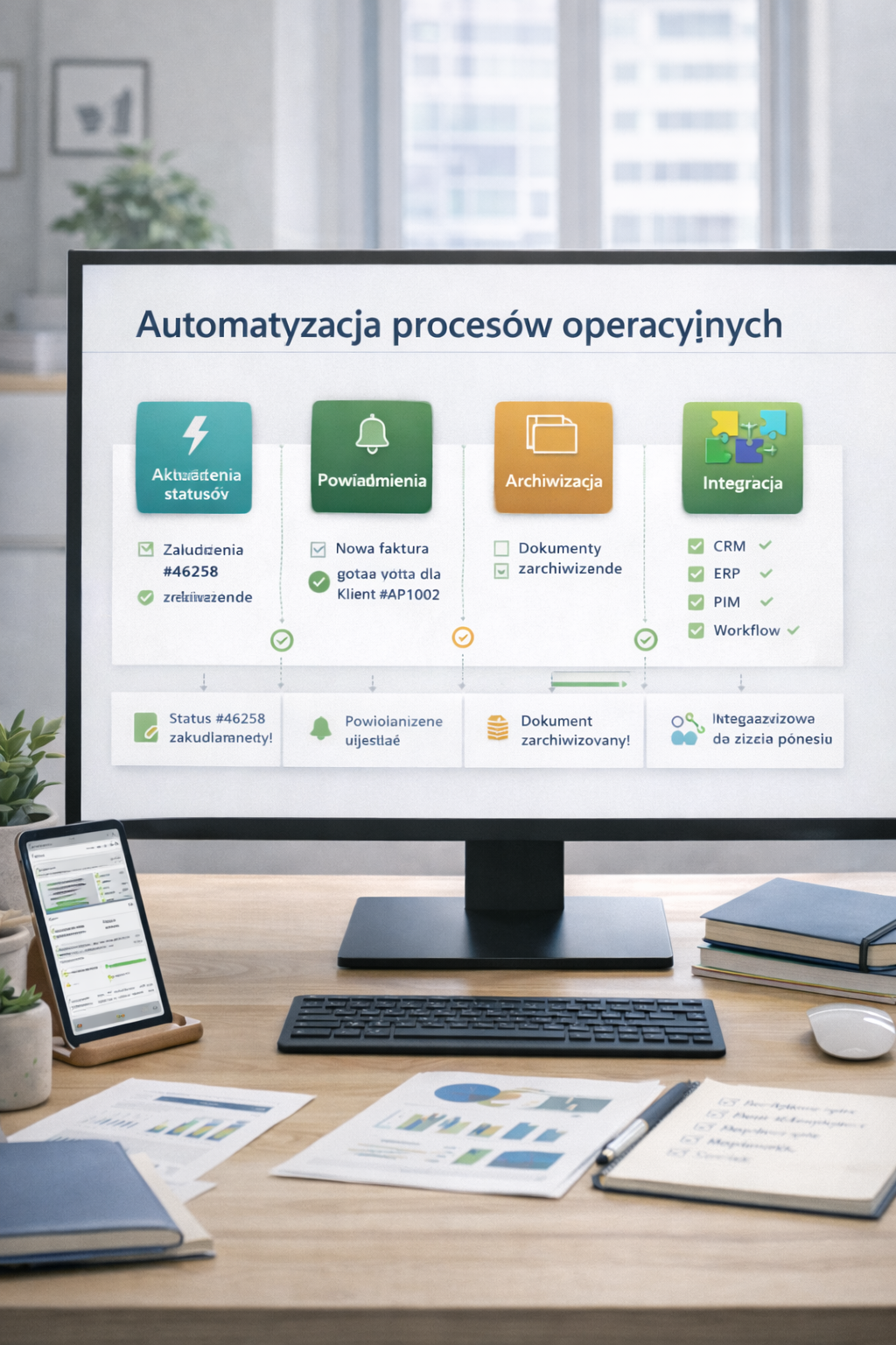 Panel automatyzacji procesów operacyjnych pokazuje aktualizacje statusów, powiadomienia, archiwizację oraz integrację systemów firmowych.