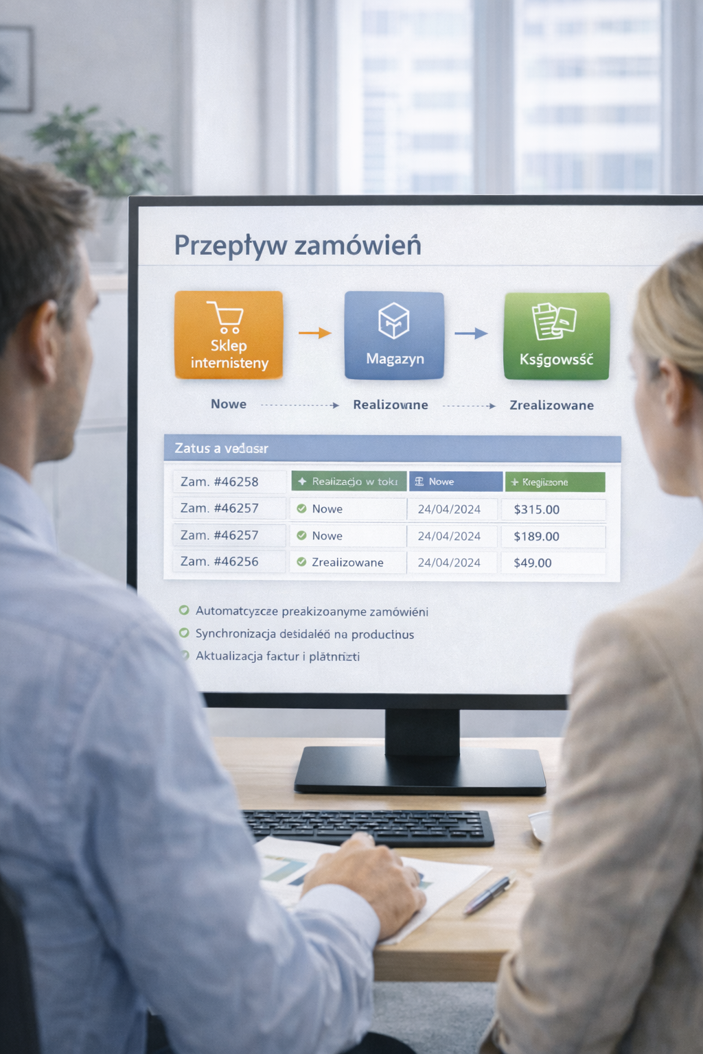 Dwie osoby obserwują na ekranie przepływ zamówień między sklepem internetowym, magazynem i księgowością oraz status realizacji zadań.