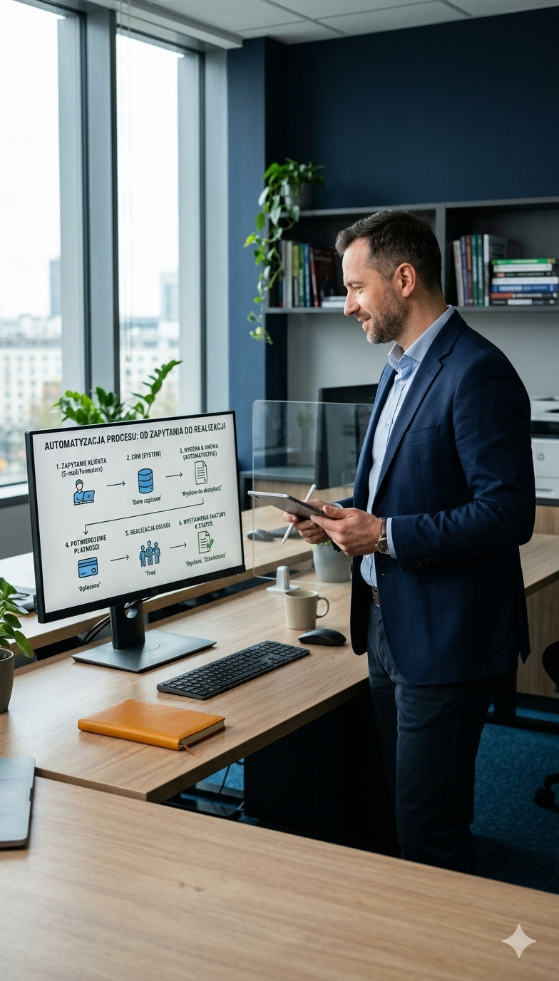 Menedżer przegląda na ekranie model automatyzacji procesu od zapytania klienta do realizacji usługi i wystawienia faktury.
