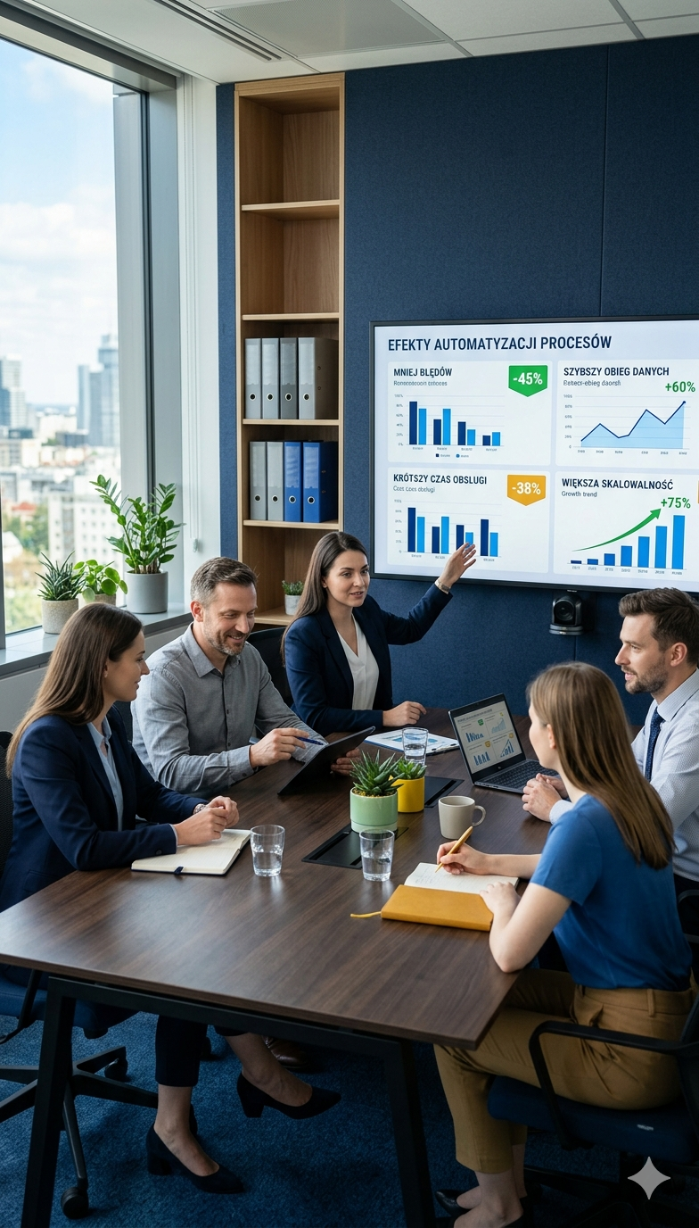 Spotkanie zespołu prezentuje efekty automatyzacji procesów, takie jak mniej błędów, szybszy obieg danych, krótszy czas obsługi i większa skalowalność.
