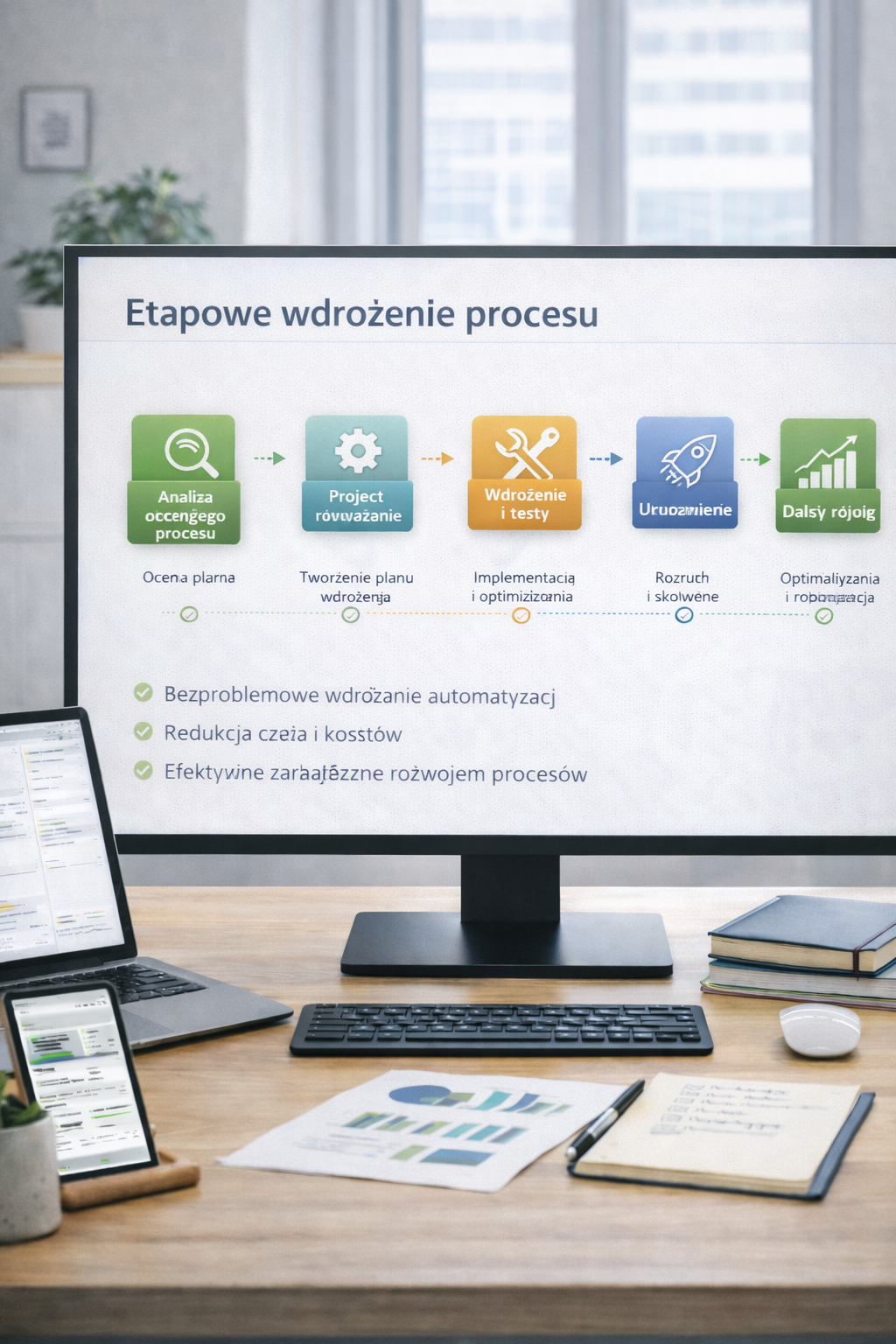 Etapowe wdrożenie procesu pokazuje analizę obecnego procesu, projekt rozwiązania, wdrożenie i testy, uruchomienie oraz dalszy rozwój automatyzacji.