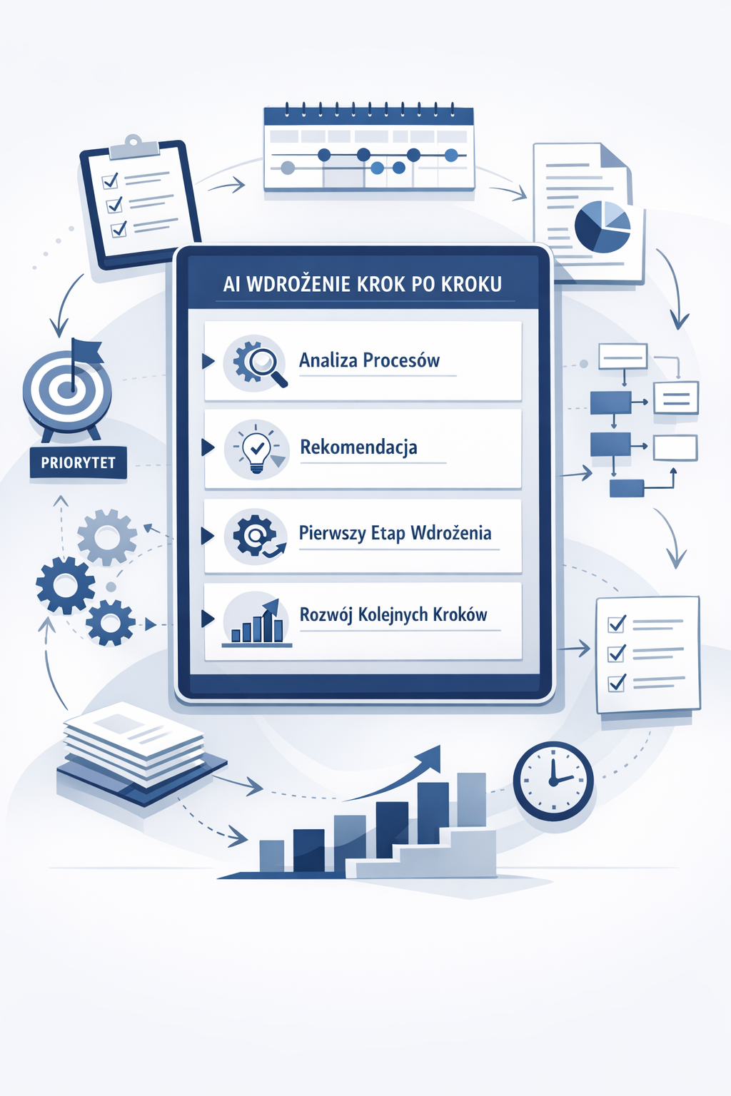 Plan wdrożenia AI krok po kroku obejmujący analizę procesów, rekomendację, pierwszy etap wdrożenia i rozwój kolejnych działań w firmie.