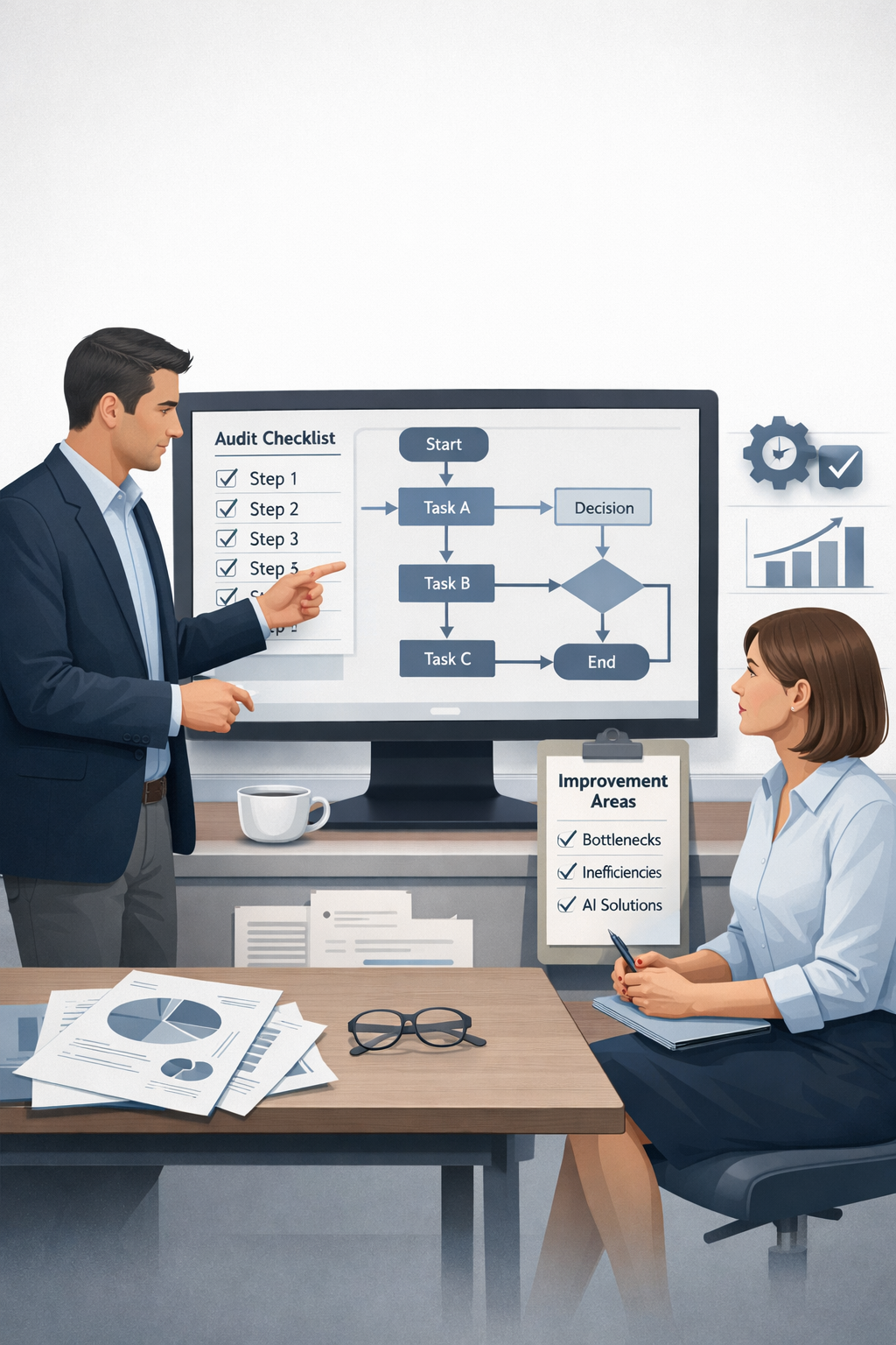 Warsztat audytu AI w firmie pokazujący analizę procesu, checklistę działań oraz identyfikację obszarów do usprawnienia.