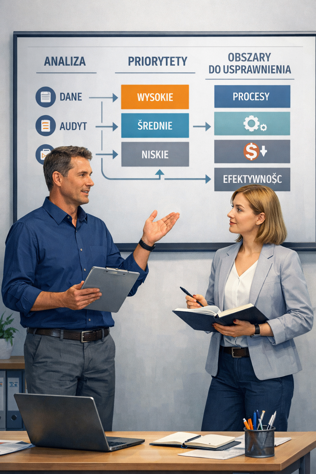 Analiza priorytetów i obszarów do usprawnienia w firmie podczas audytu AI z naciskiem na procesy i efektywność działania.