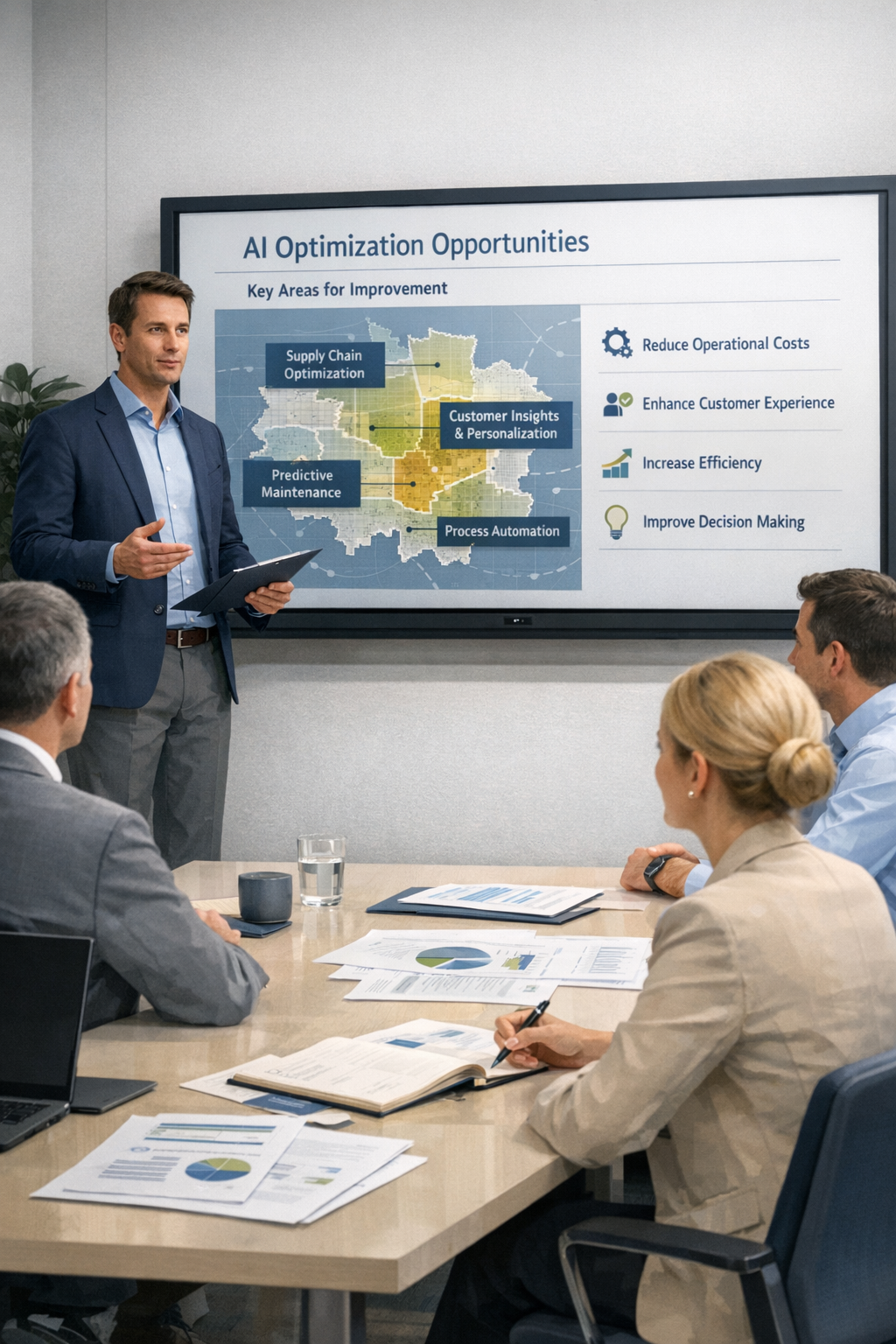 Prezentacja możliwości optymalizacji procesów i wdrożenia AI podczas spotkania zespołu z naciskiem na koszty, efektywność i jakość obsługi.