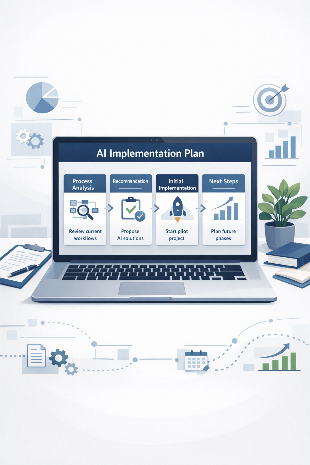 Plan wdrożenia AI pokazujący analizę procesów, rekomendację rozwiązań, uruchomienie pierwszego etapu i dalszy rozwój projektu.