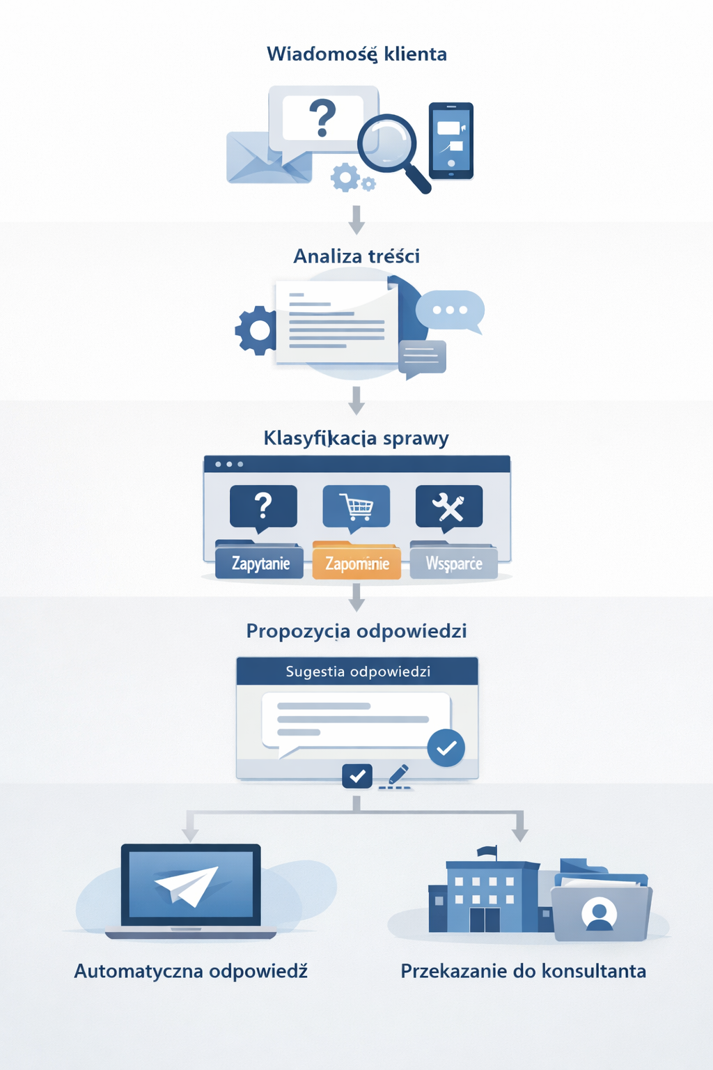 Proces automatycznej obsługi wiadomości klienta: analiza treści, klasyfikacja sprawy, propozycja odpowiedzi i przekazanie do konsultanta